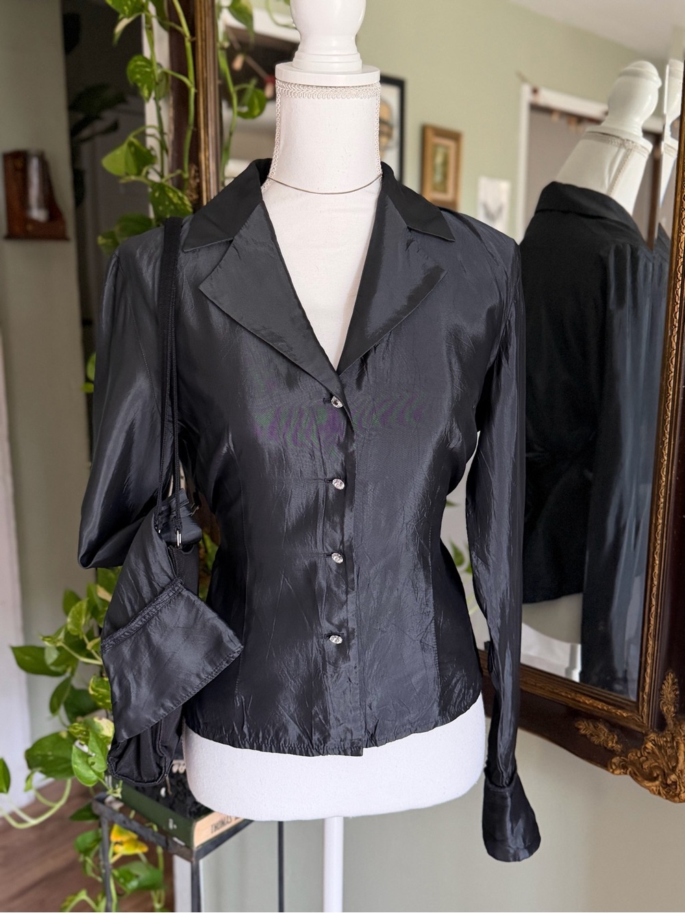 Y2K chic bell sleeves grey blouse with rhinestone buttons and tie in the back